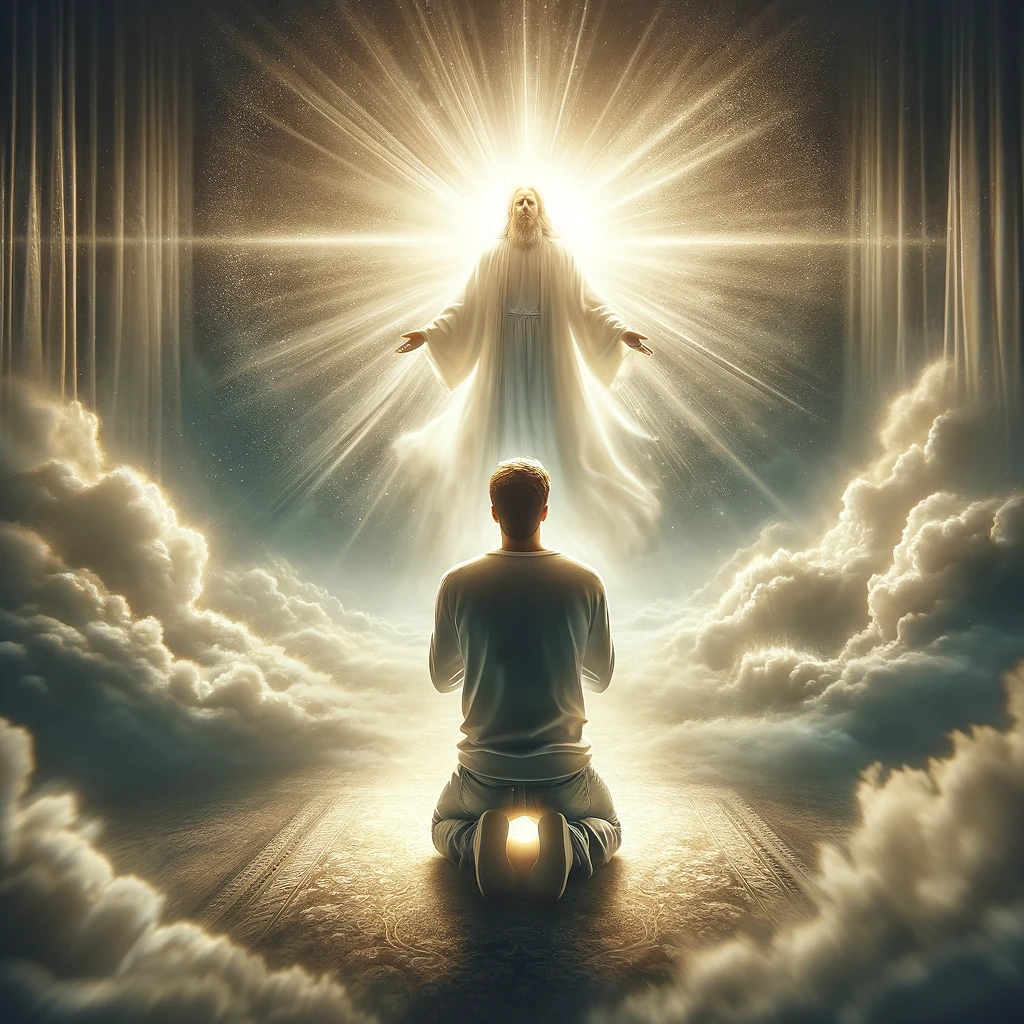 A believer kneeling in prayer, surrounded by a glowing, protective divine light. 