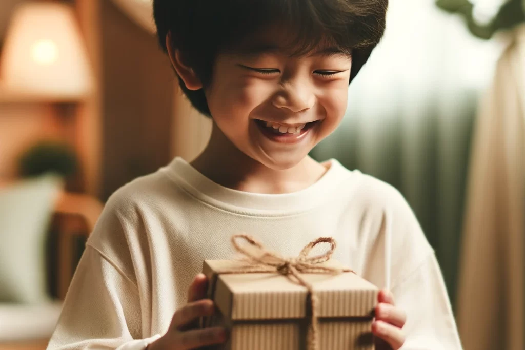 A child receiving a small gift with a big smile