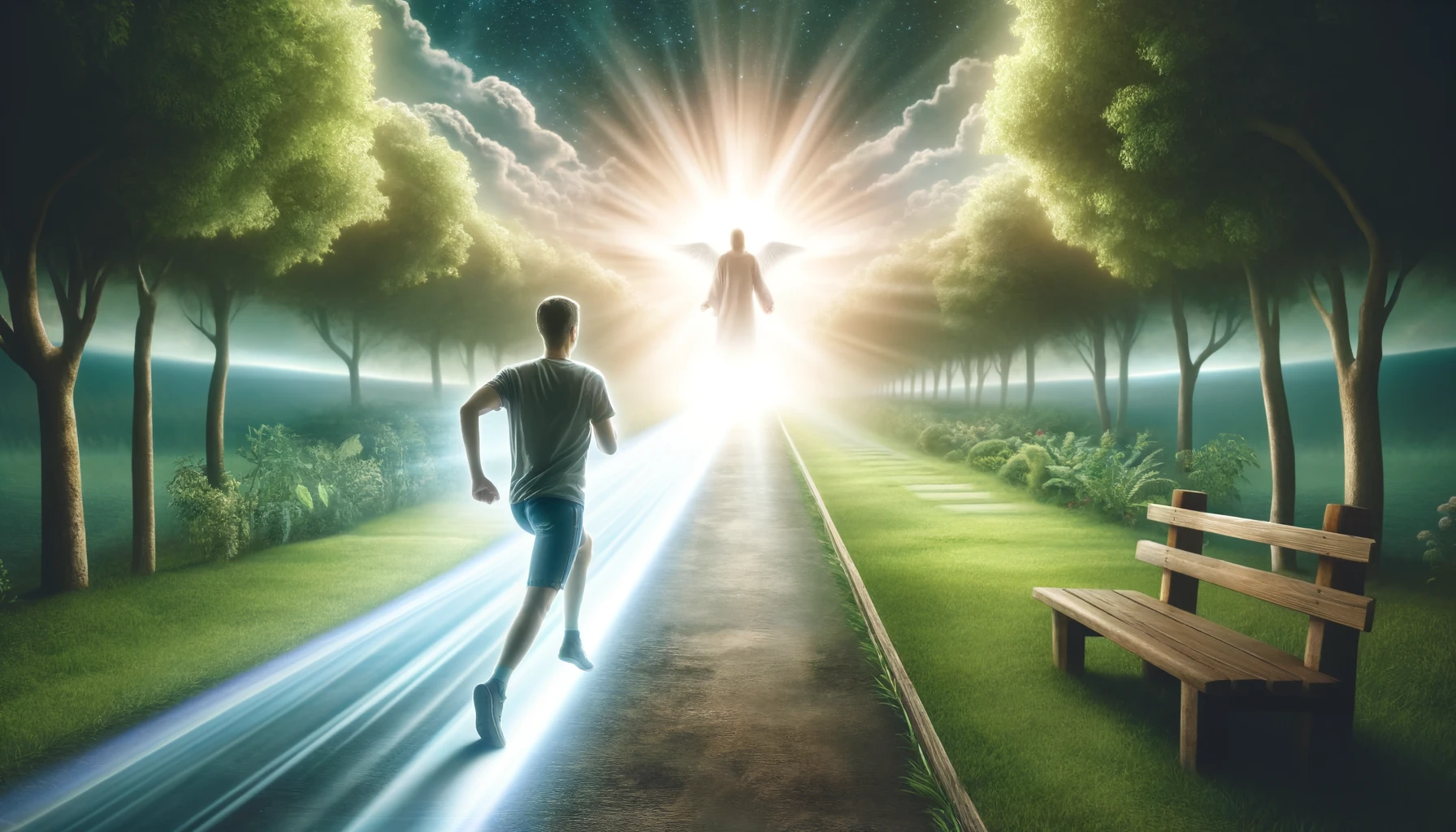 A determined believer running towards a bright, glowing finish line in the distance. 