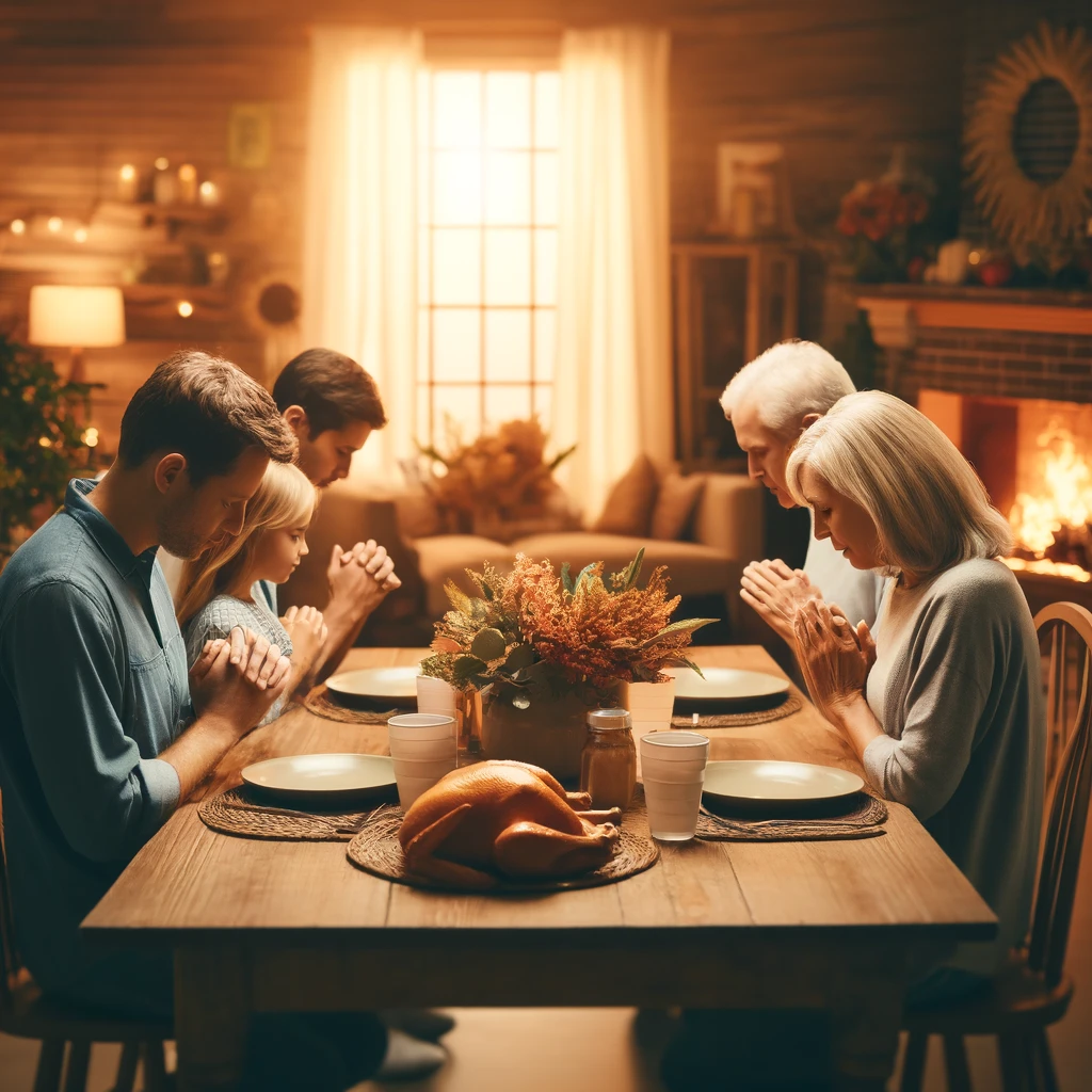A family gathering around a dinner table heads bowed in prayer