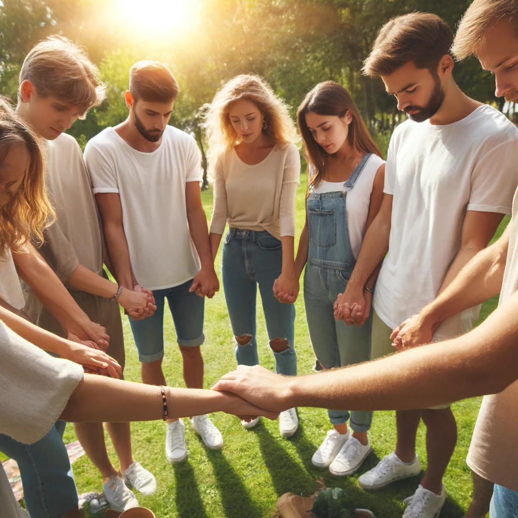 A group of friends holding hands in a circle, praying together