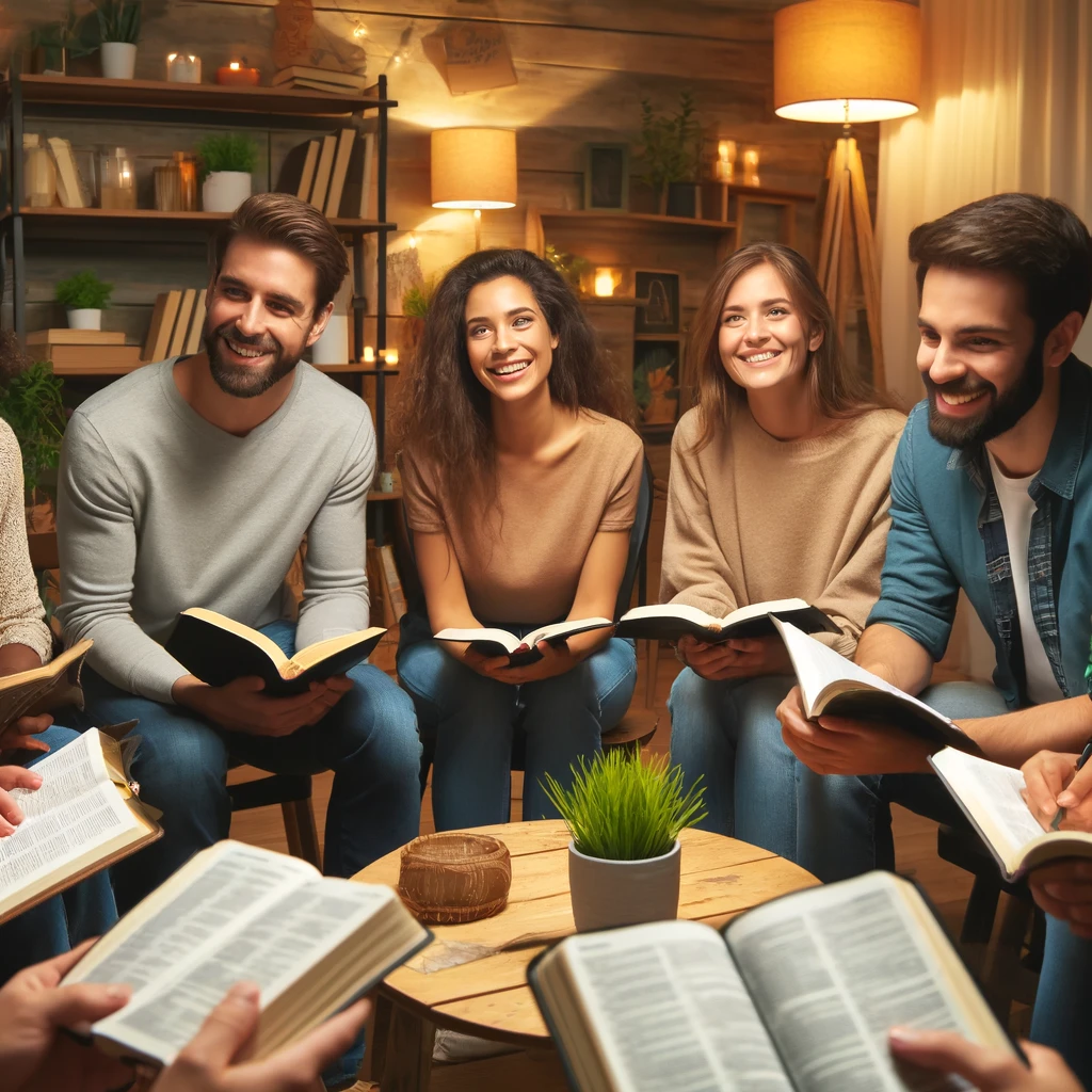 A diverse group of people sitting in a circle, studying the Bible together.