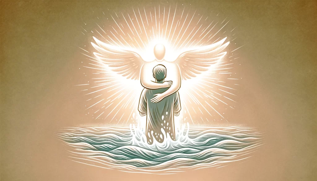 A person being embraced by a glowing figure symbolizing the Holy Spirit.