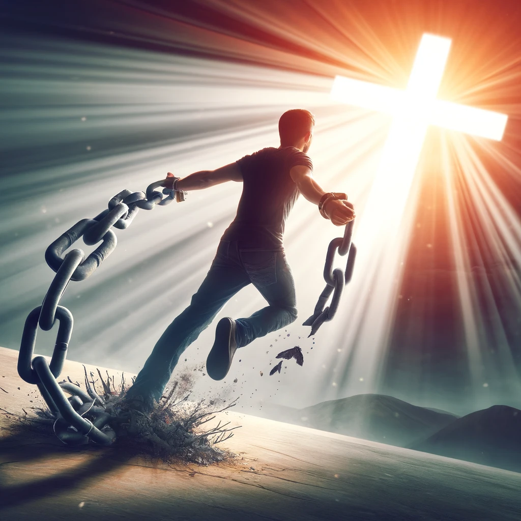 A person breaking free from chains, with a radiant cross in the background.