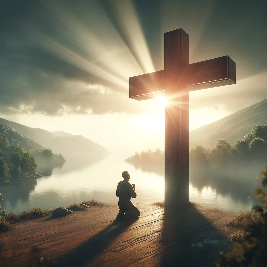 A person kneeling in prayer at the foot of a large cross in a serene landscape.