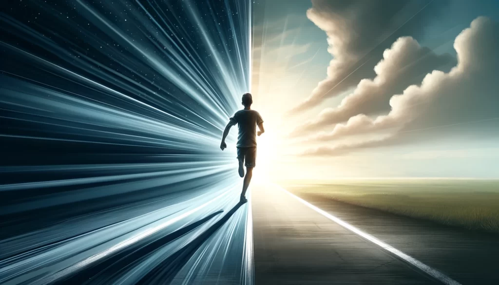 A person running on a path towards a bright light in the distance.