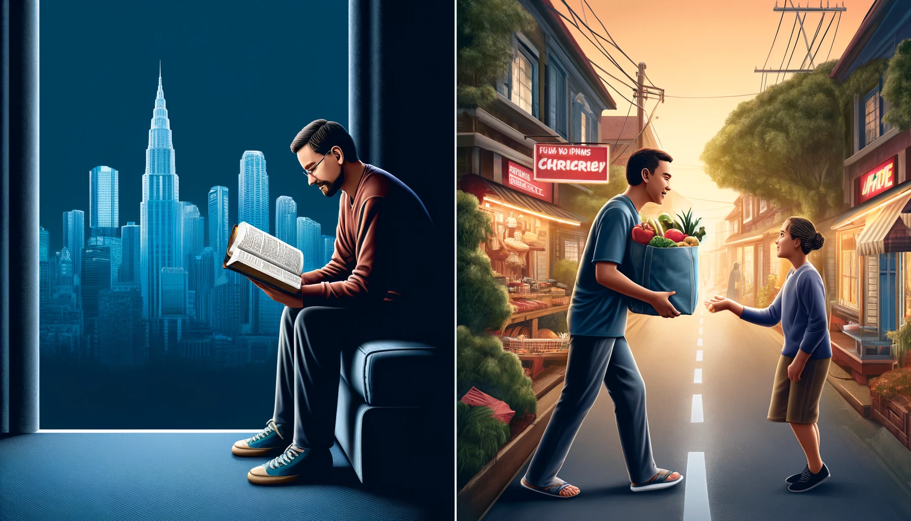 A photo-realistic horizontal illustration showing a person reading the Bible and then performing an act of kindness.