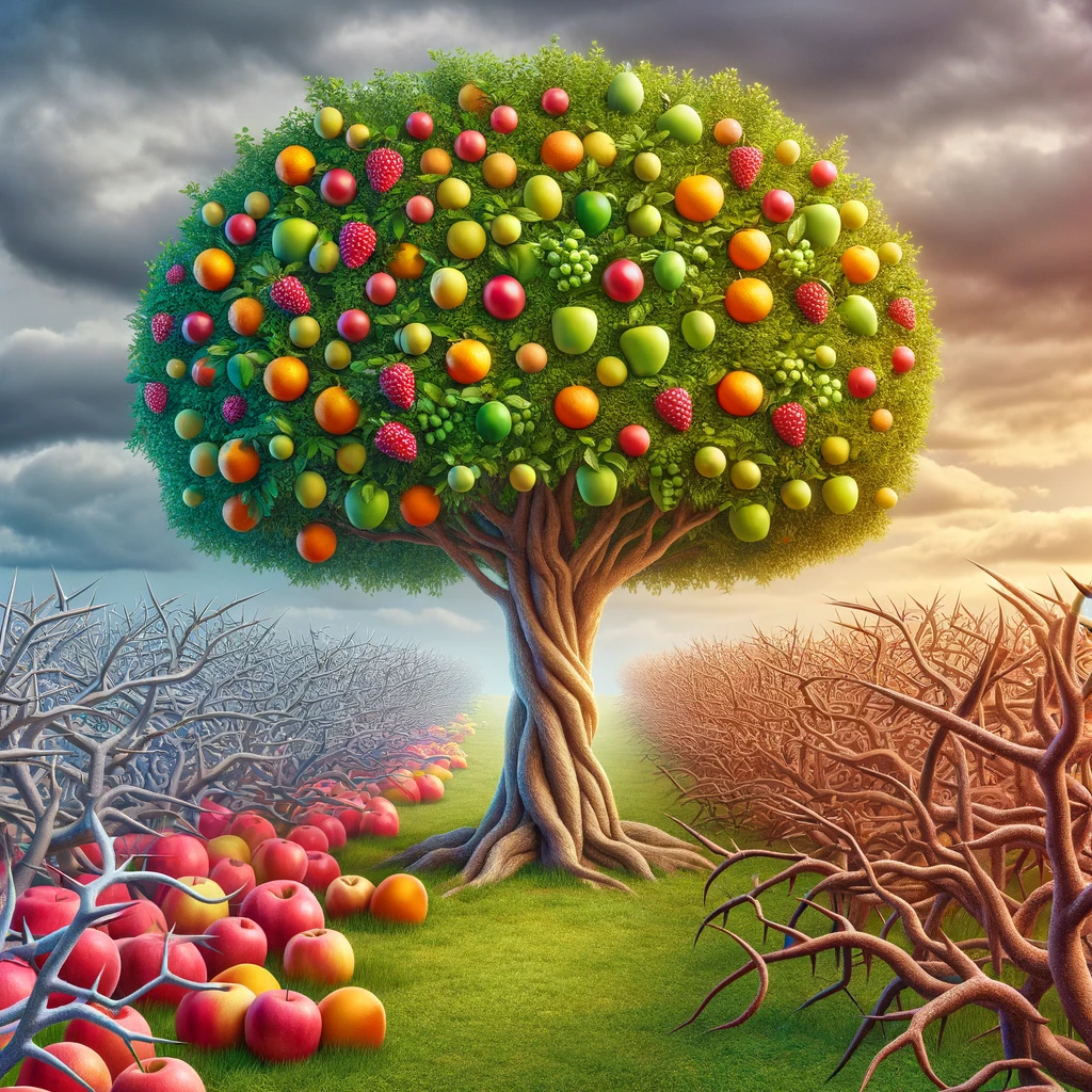 A photo-realistic image of a vibrant fruit-bearing tree next to barren thorn bushes. 