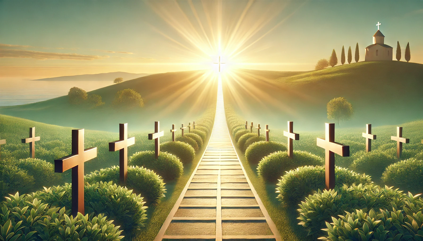 An illustration of a pathway leading to a bright light with crosses along the way.