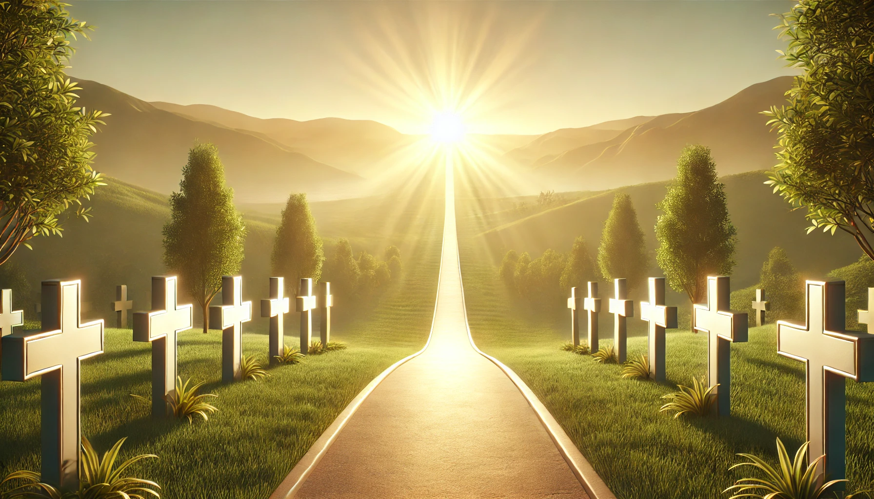 An illustration of a pathway leading to a bright light with crosses along the way.