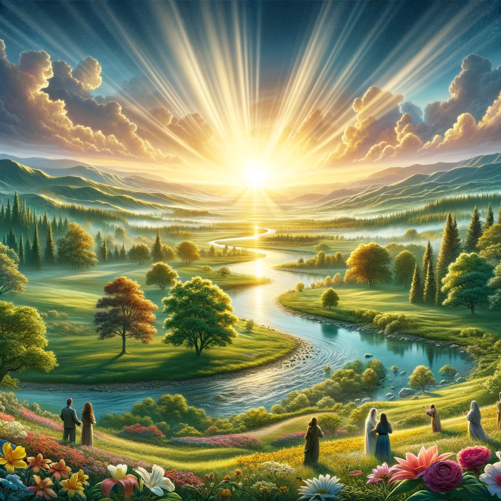 A sunrise over a serene landscape with a clear river flowing through a green valley. 