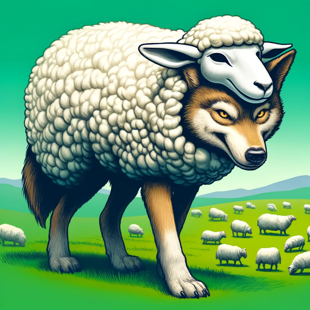 An illustration of a wolf dressed in sheep's clothing.