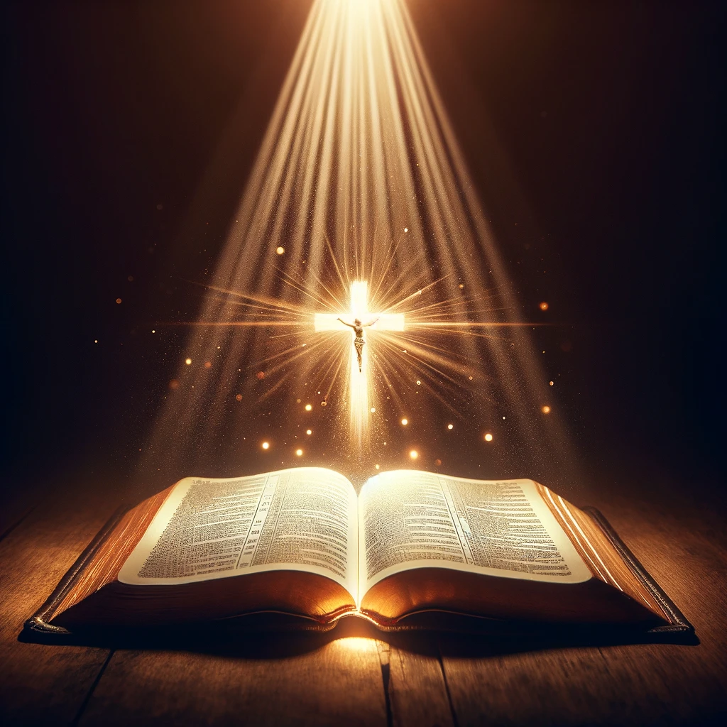 An open Bible with a beam of light shining down on it. Christ Alone.