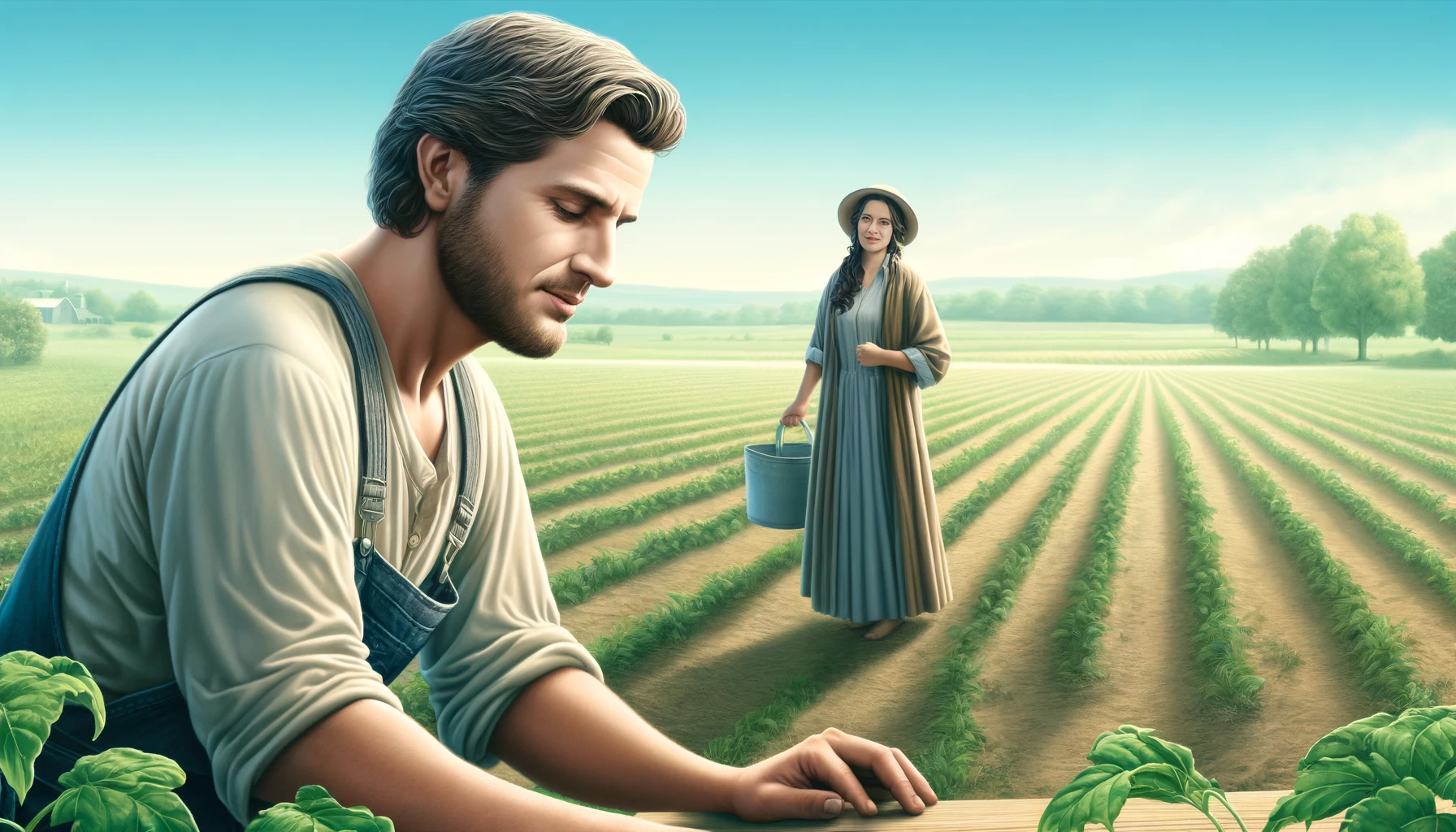 Illustration depicting Jacob working in a field with a serene expression.