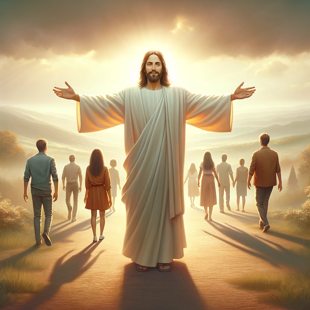 Illustration of Jesus with outstretched arms welcoming people of all background.