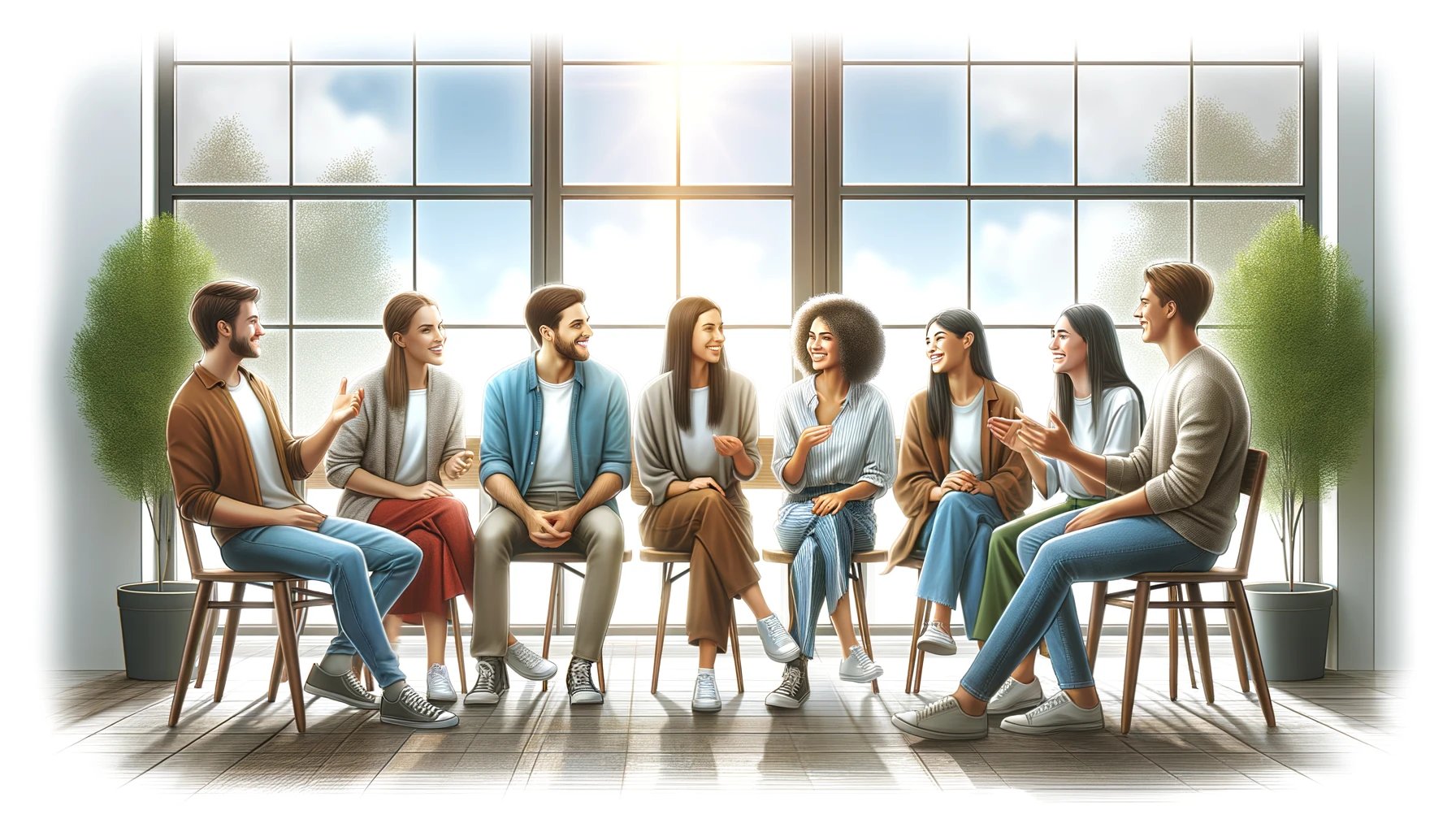 Illustration of a diverse group of people having a conversation in an open room.