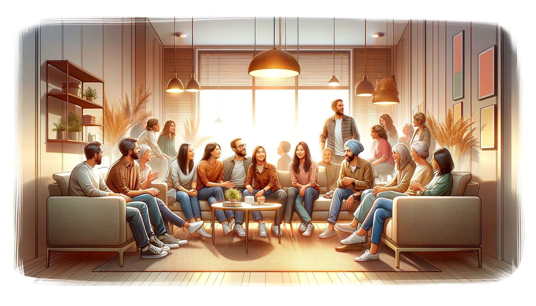 Illustration of a group of people gathered together in a building.