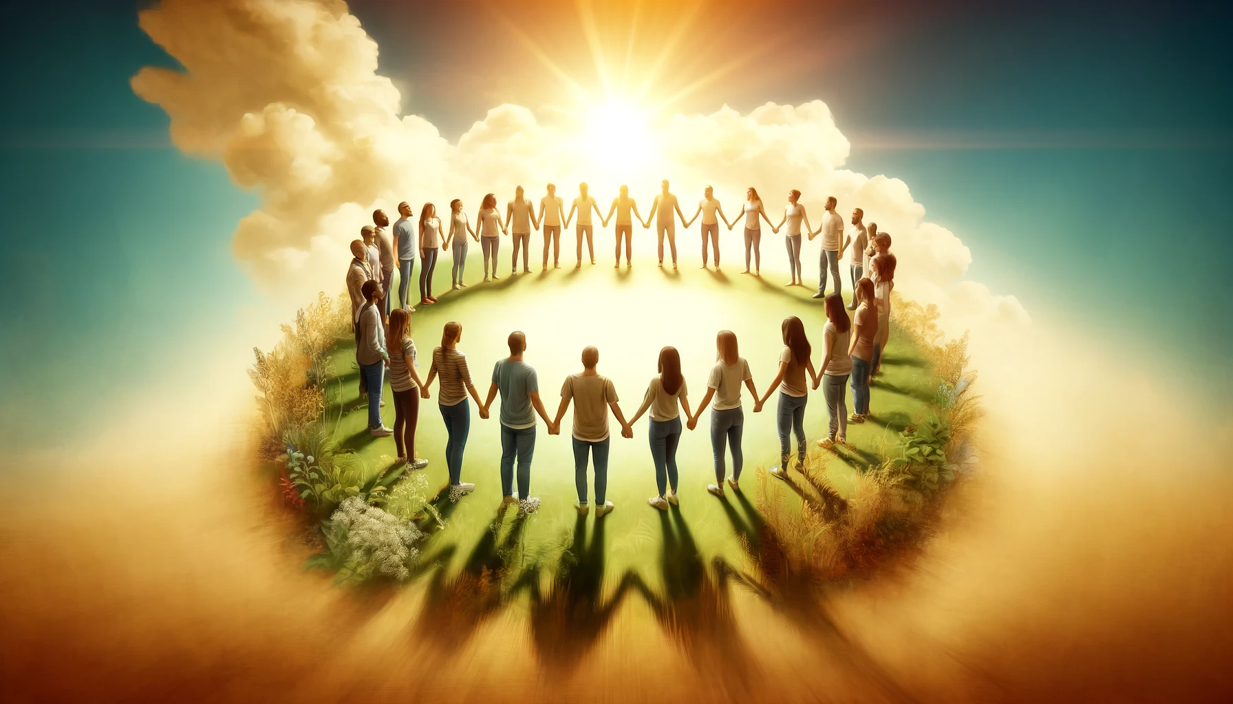 Illustration showing a diverse group of people holding hands in a circle.