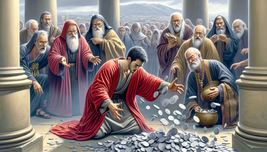 Judas throwing down the thirty pieces of silver in the temple.