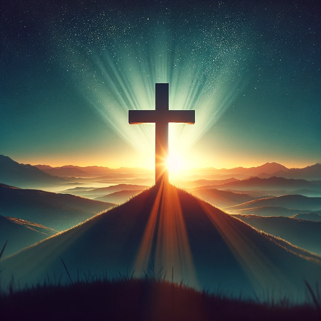 A cross on a hill with the sun rising behind it.