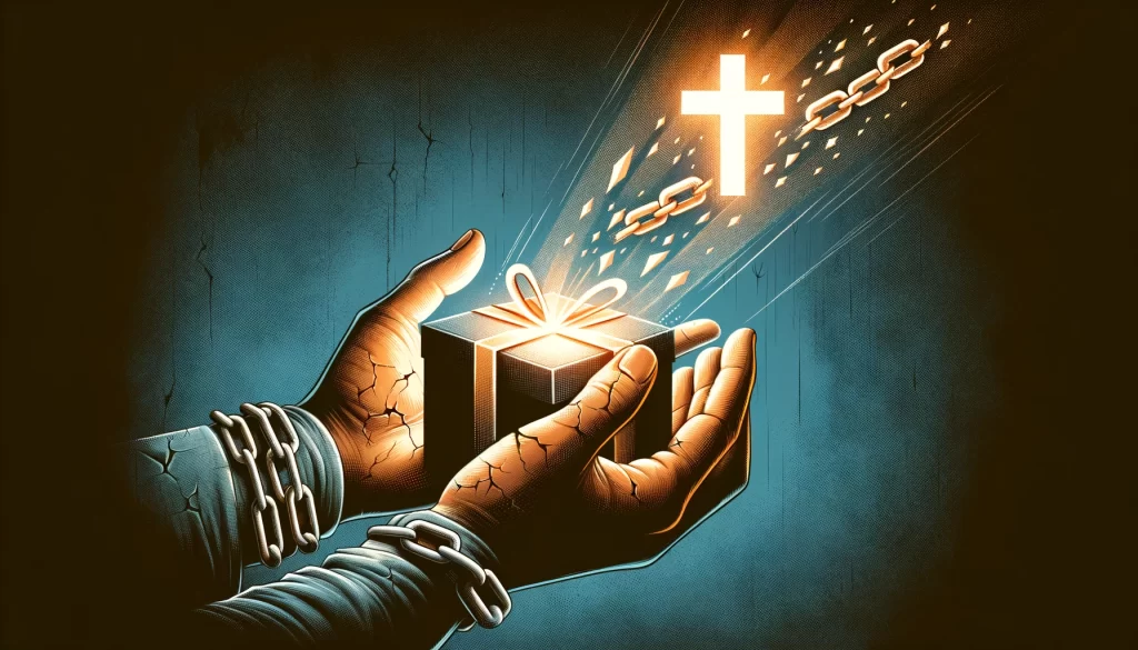 A pair of hands receiving a glowing gift with a cross symbol.