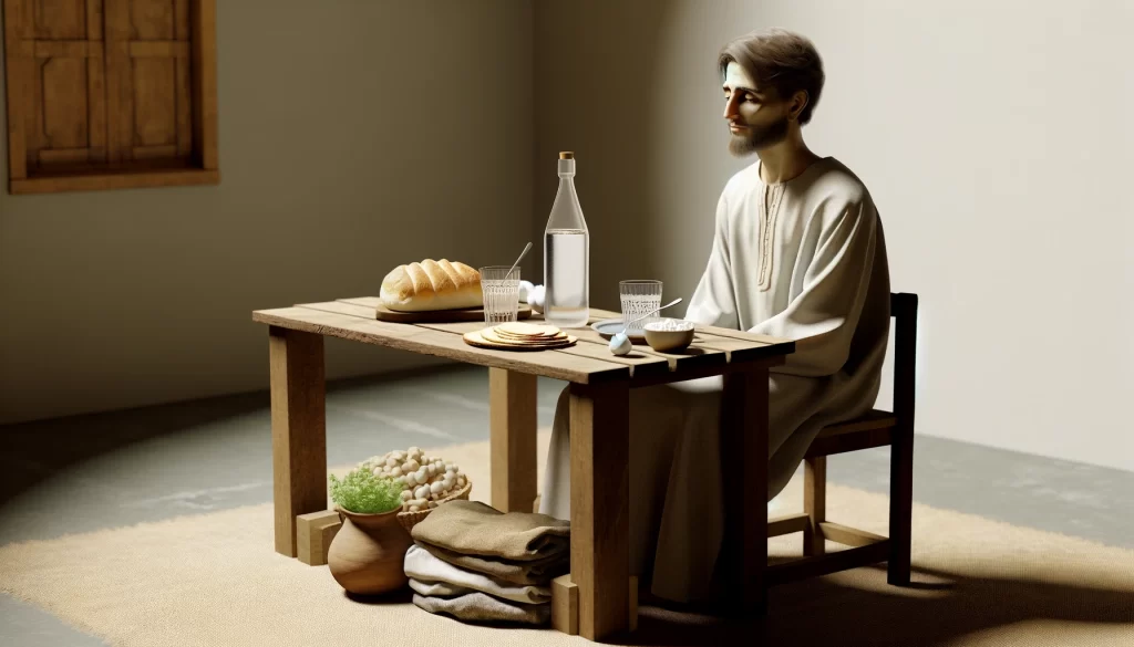 A person sitting at a simple wooden table with basic food items.