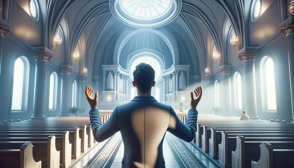 A person standing in a place of worship with raised hands in prayer.