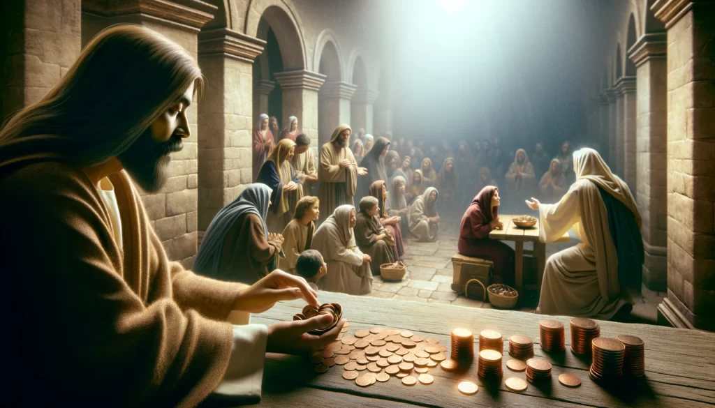 Biblical scene where Jesus is observing the crowd putting money into the treasury.