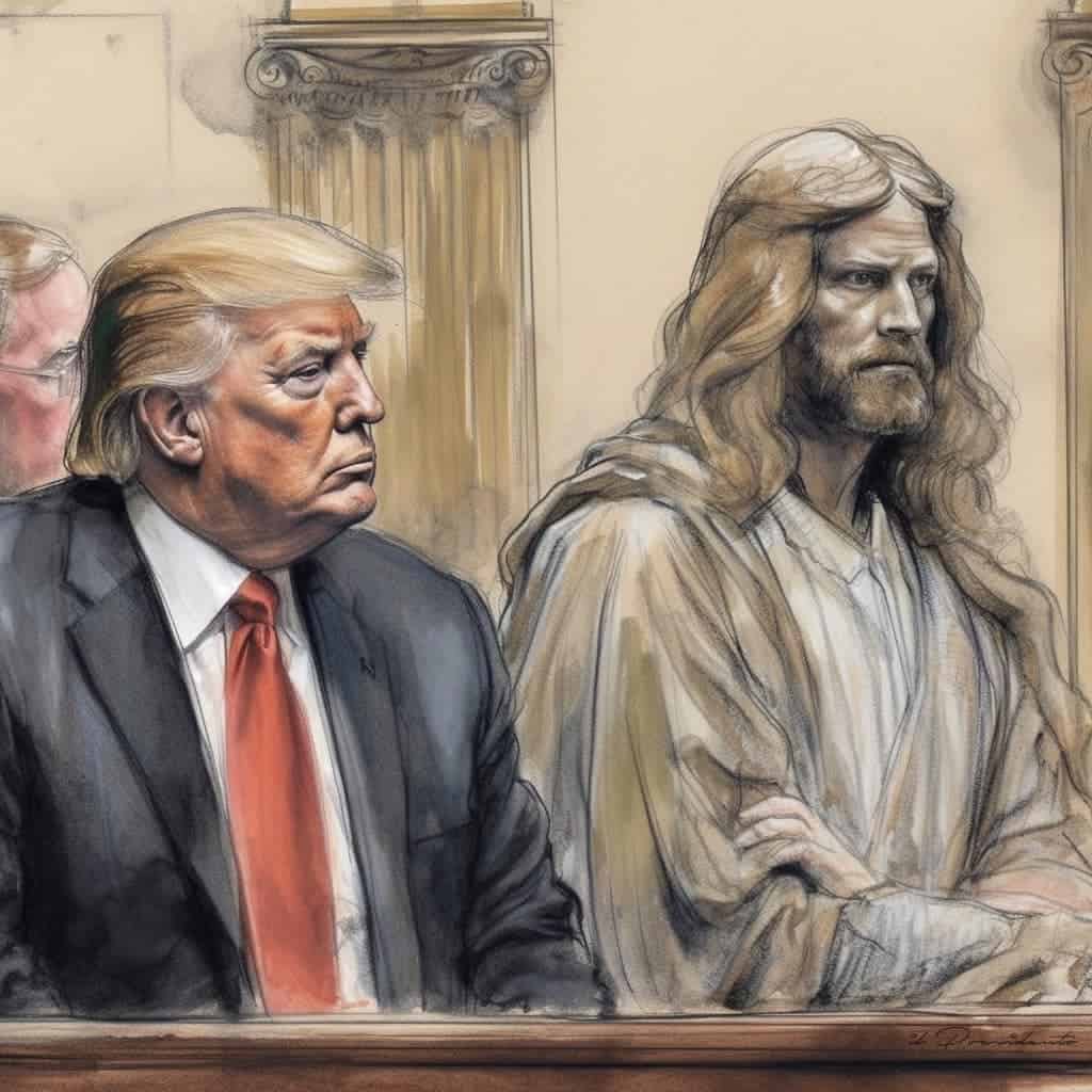 Jesus sitting next to Trump in a courtroom