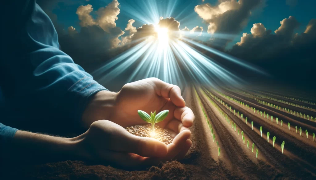 A beautiful and serene scene of a farmer's hands planting seeds in a fertile field under the clear sky.