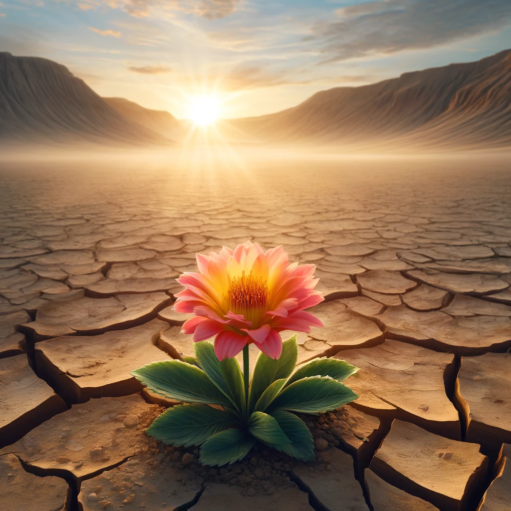 A blooming flower in a barren desert.