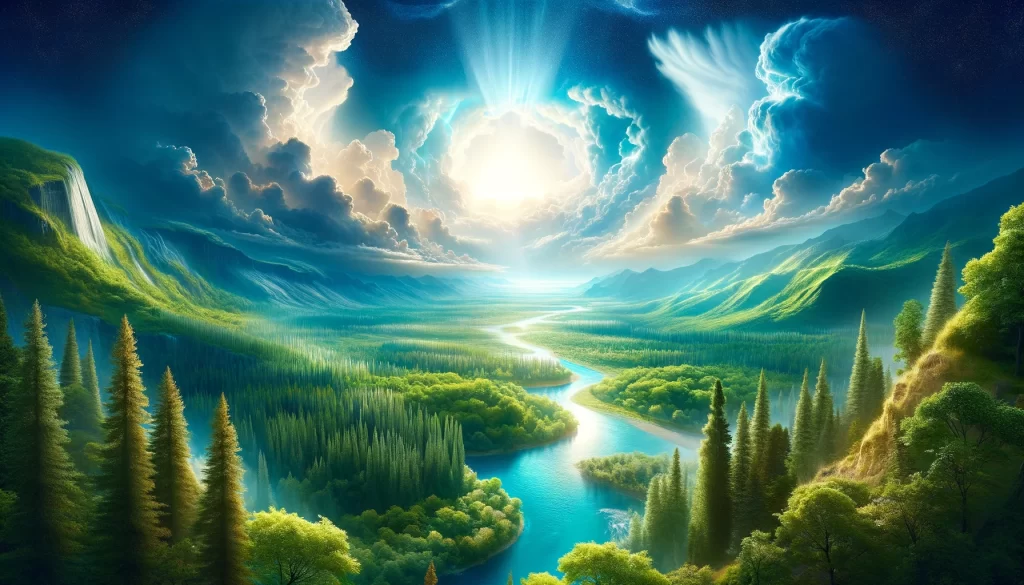 A breathtaking landscape showing a vibrant new earth with lush forests, clear rivers, and a brilliant sky.