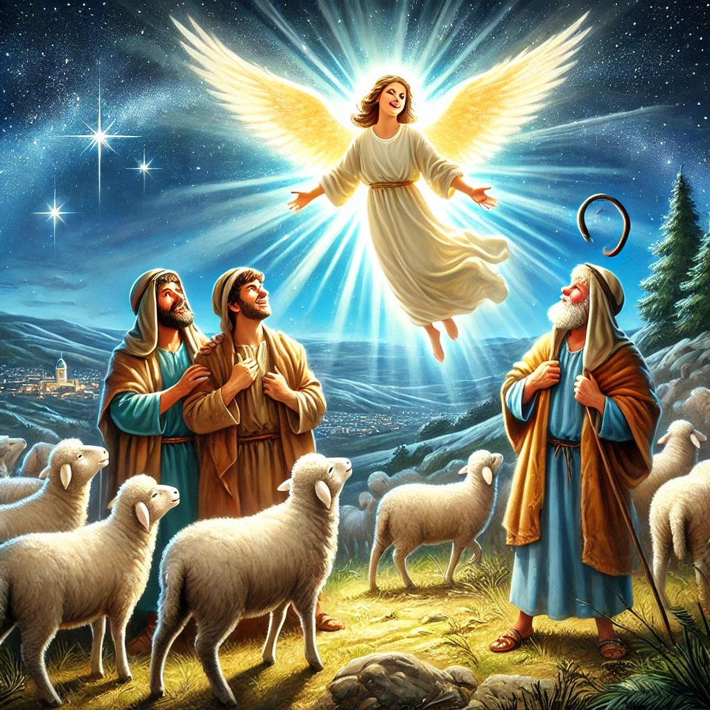 A bright and joyous depiction of the angel announcing Jesus' birth to the shepherds.