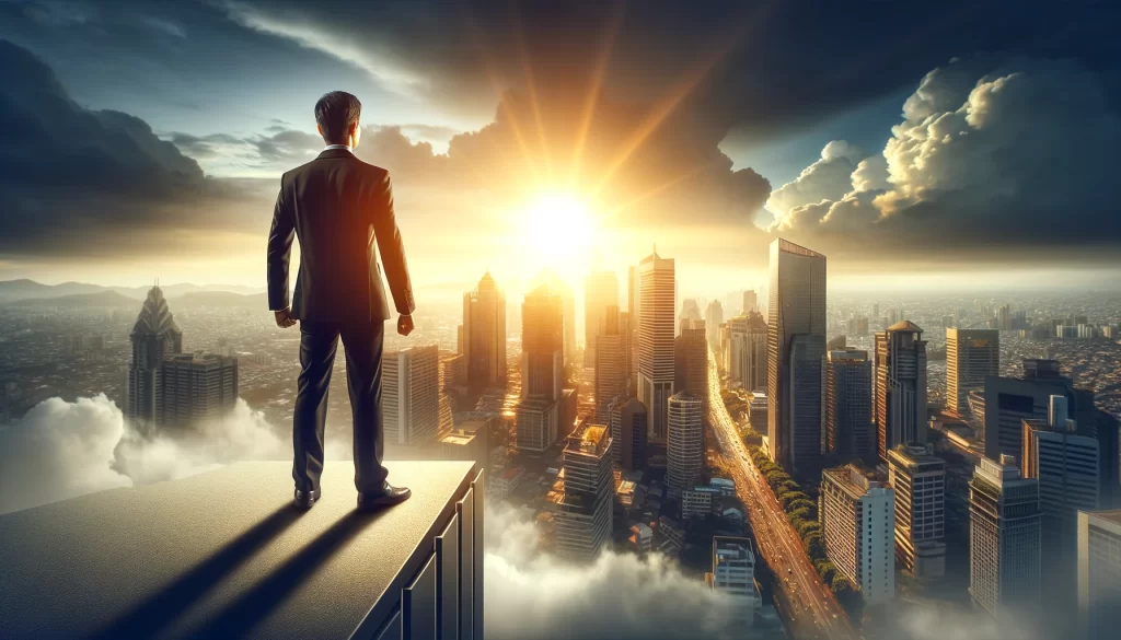 A business owner standing confidently at the edge of a tall building, overlooking a cityscape.