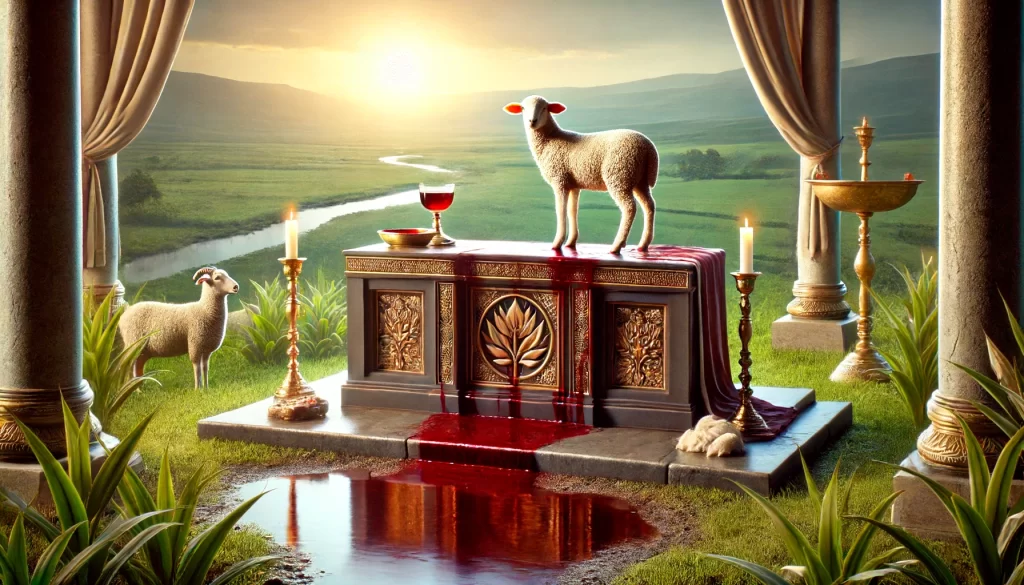 A ceremonial altar with a lamb and a pool of blood.