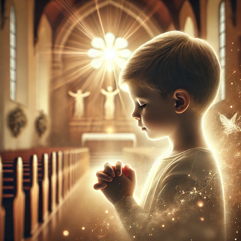 A child in prayer, with an ethereal glow surrounding them, symbolizing divine protection and assurance