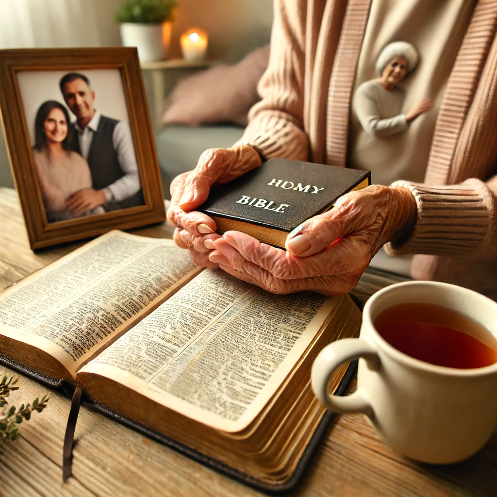 A close-up of a grandmother's hands holding an open Bible, with a family photo and a cup of tea beside her.