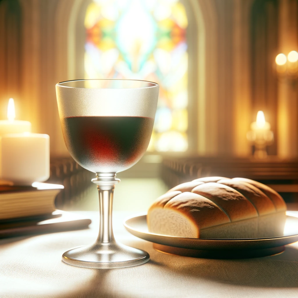 A close-up of communion elements_ a chalice of wine and a plate with bread.