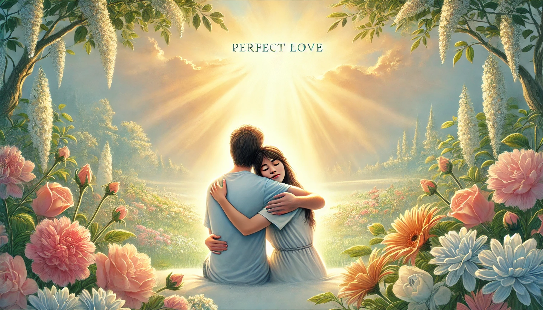 A comforting scene showing two people embracing with love and warmth in a bright, peaceful setting.