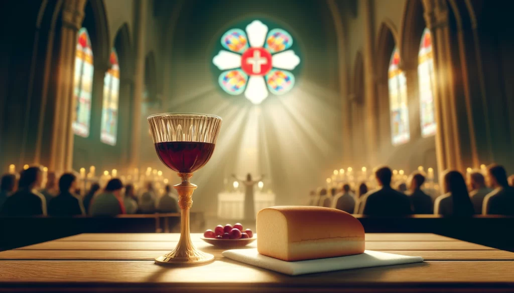 A communion setting with a chalice of wine and a loaf of bread on a table
