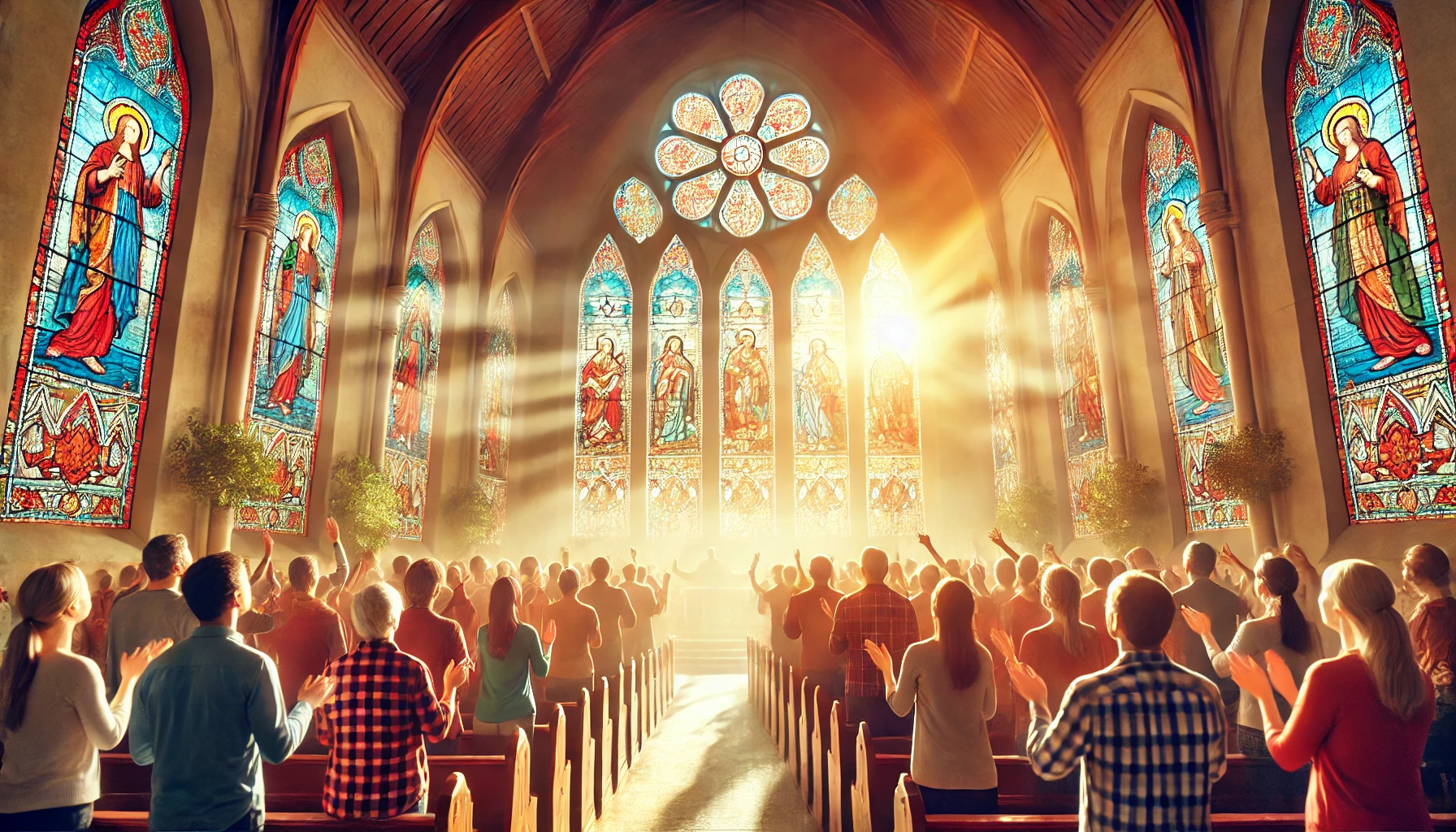 A congregation singing joyfully in a beautiful, sunlit church with stained glass windows.