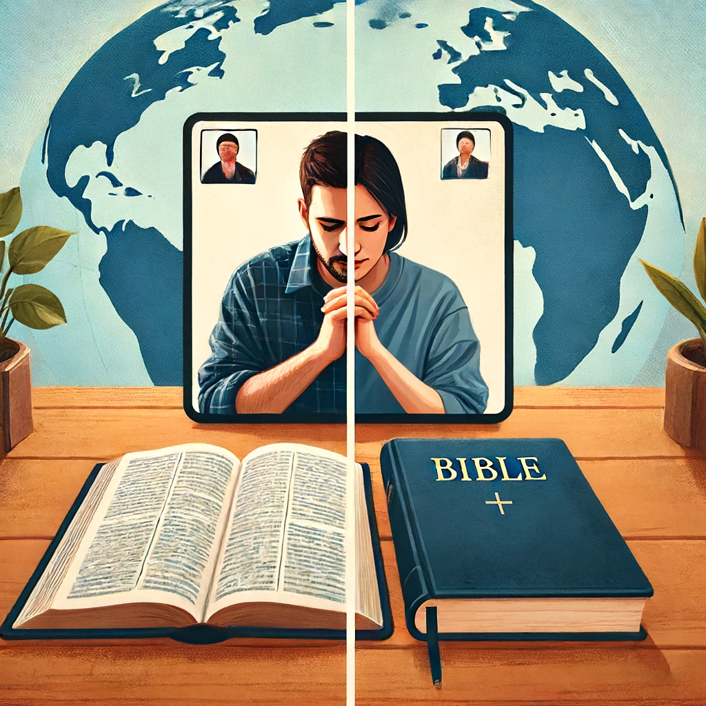 A couple praying together over a video call, each praying with a Bible.