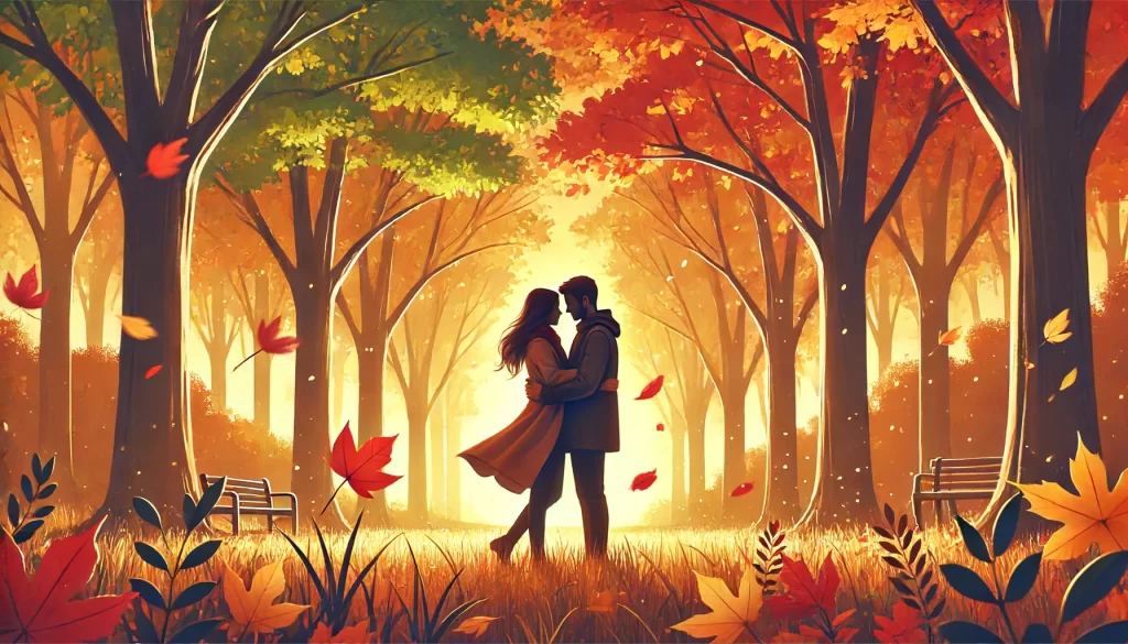A couple standing in a beautiful park during autumn, surrounded by colorful trees.
