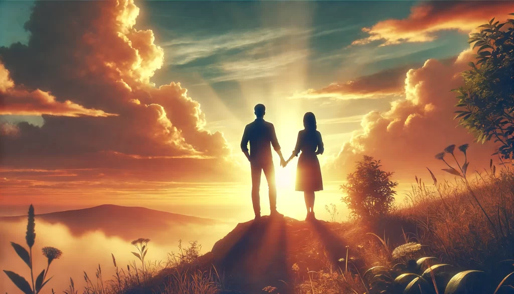 A couple standing on a hilltop at sunrise, holding hands and looking out at the horizon.