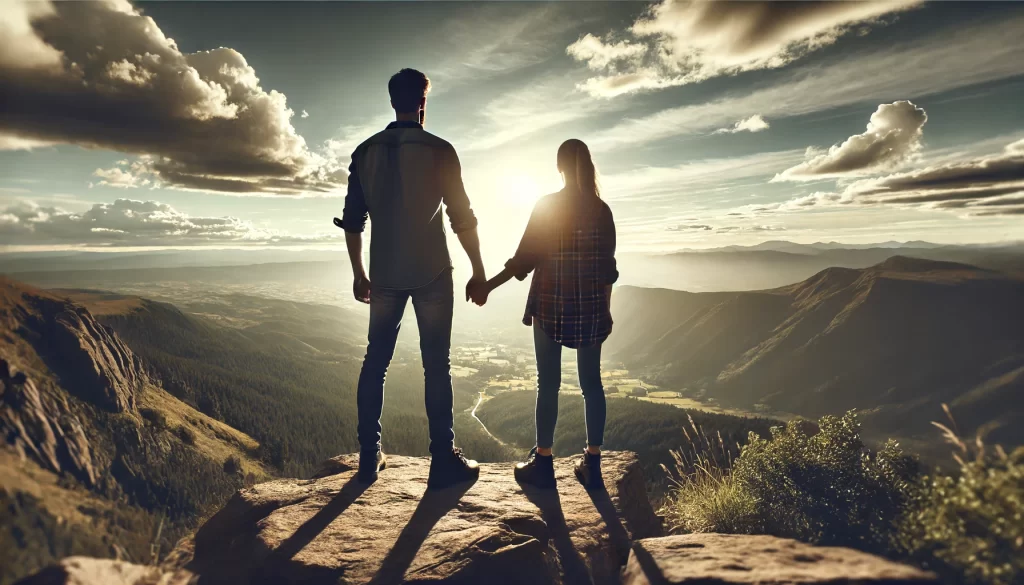 A couple standing strong and courageous at a scenic overlook, holding hands, with a vast landscape stretching out before them.
