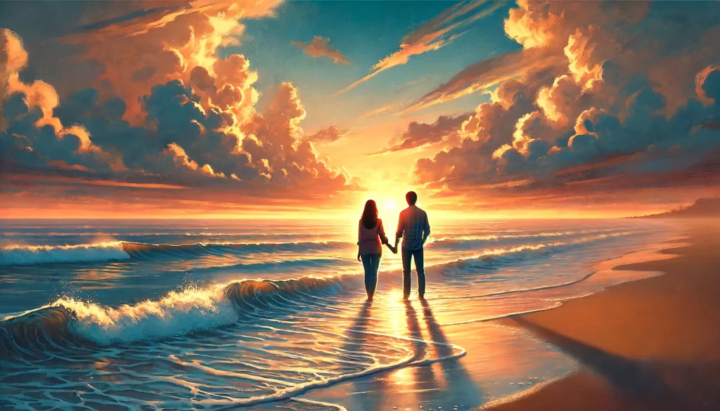 A couple standing together on a beach at sunset, with the waves gently lapping at the shore.