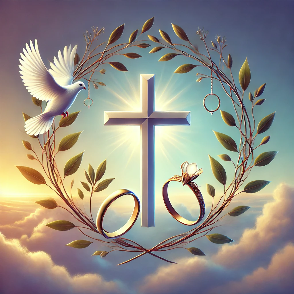 A cross surrounded by various symbols of unity such as a dove, an olive branch, and intertwined rings.