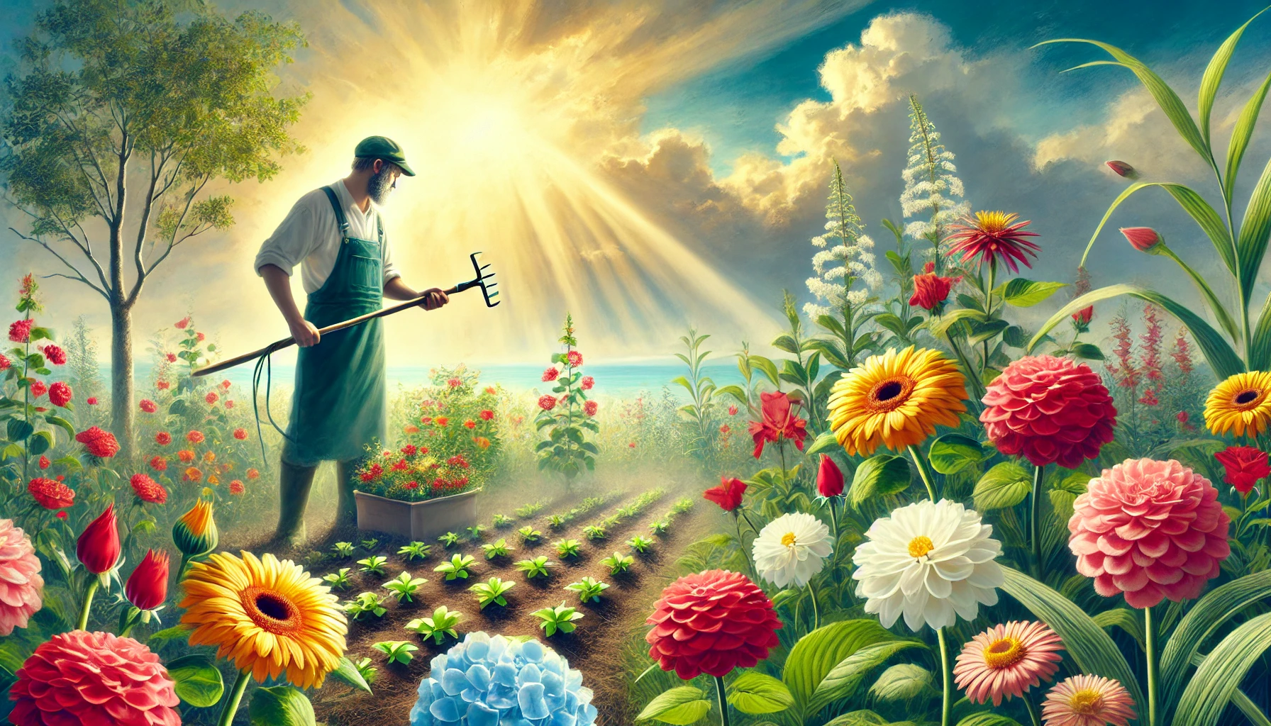 A dedicated worker diligently tending to a lush garden with vibrant flowers.