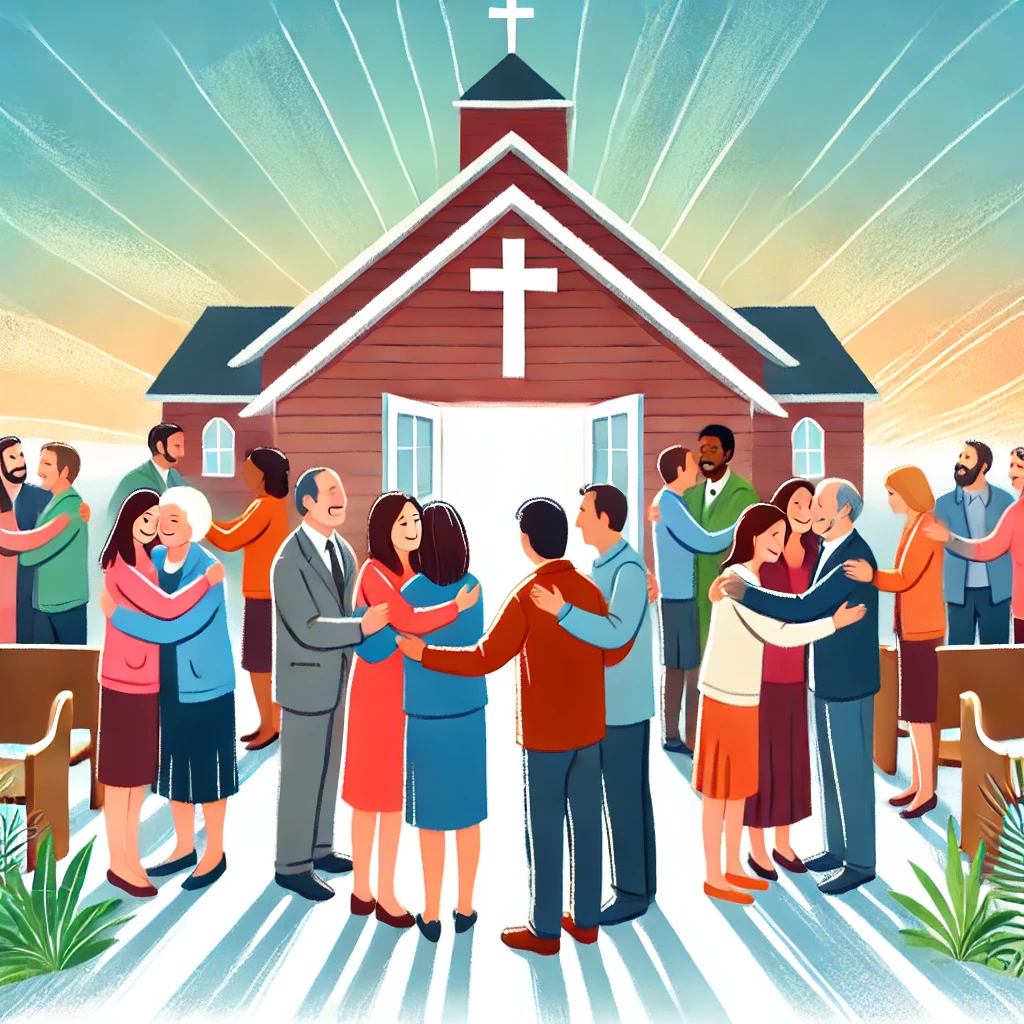 A depiction of a diverse group of people greeting and hugging each other warmly in front of a church.