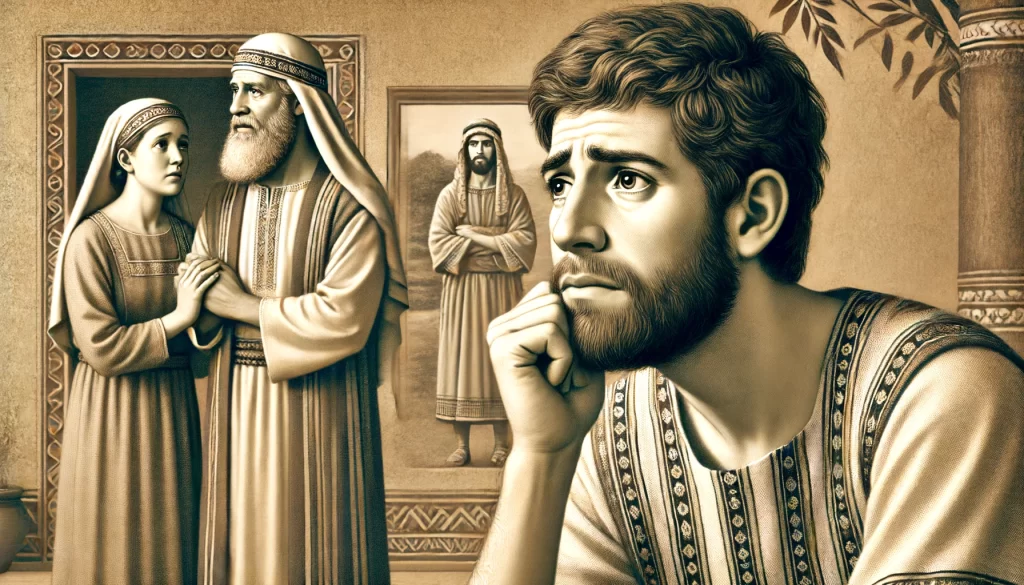 A distressed Isaac and Rebekah looking sorrowful in their home, reflecting on Esau's marriages.